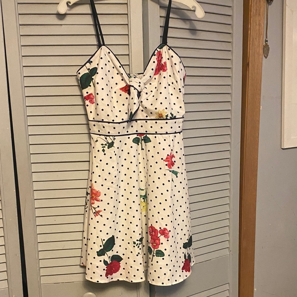 White Polka Dot Floral Mini Dress with Spaghetti Straps size small